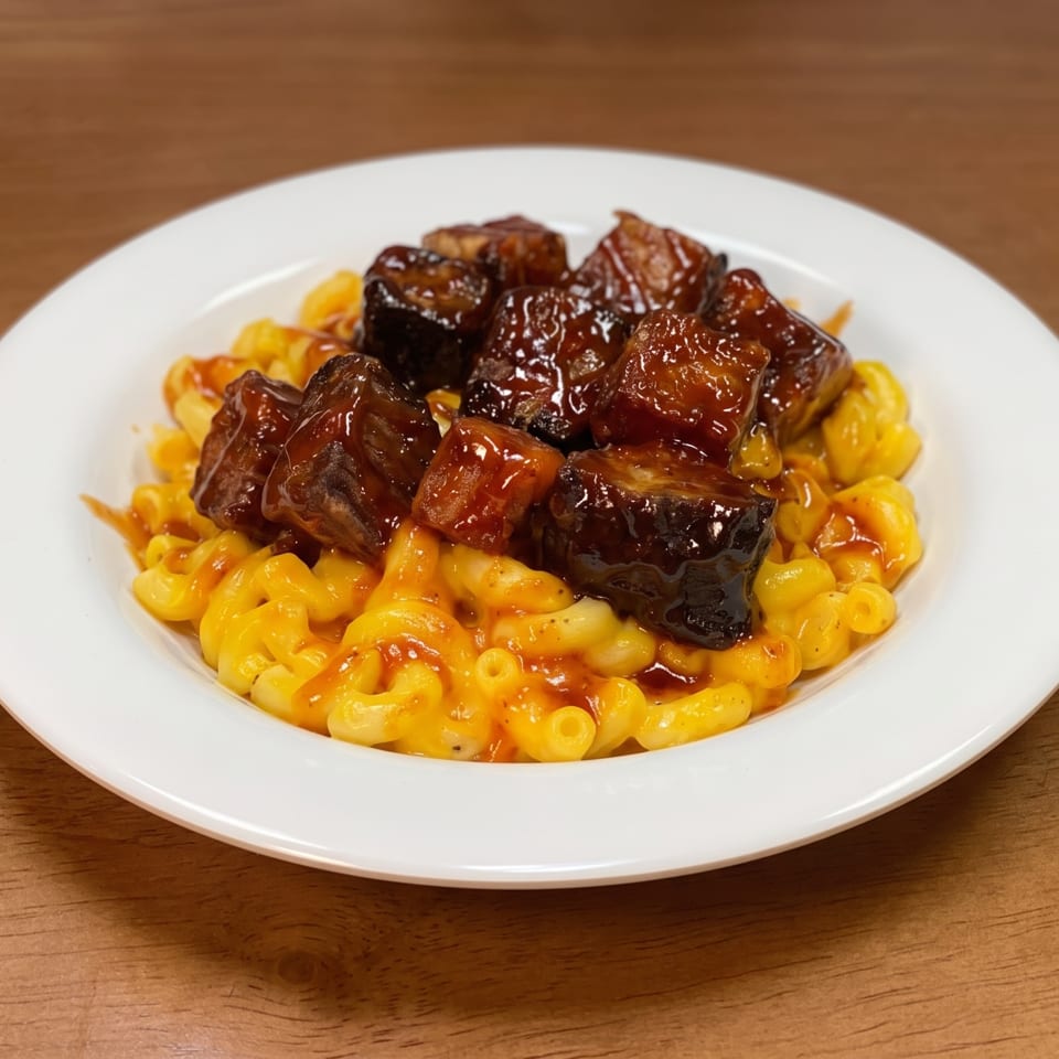 Macaroni and cheese topped with glazed barbecue brisket burnt ends on a white plate.